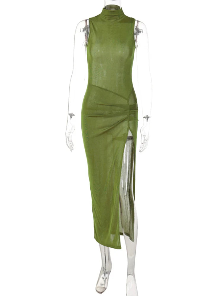 Dulzura-vestido Midi fruncido sin mangas con abertura lateral para mujer, vestido Sexy ajustado para fiesta, ropa elegante, vestido largo verde, trajes de Festival