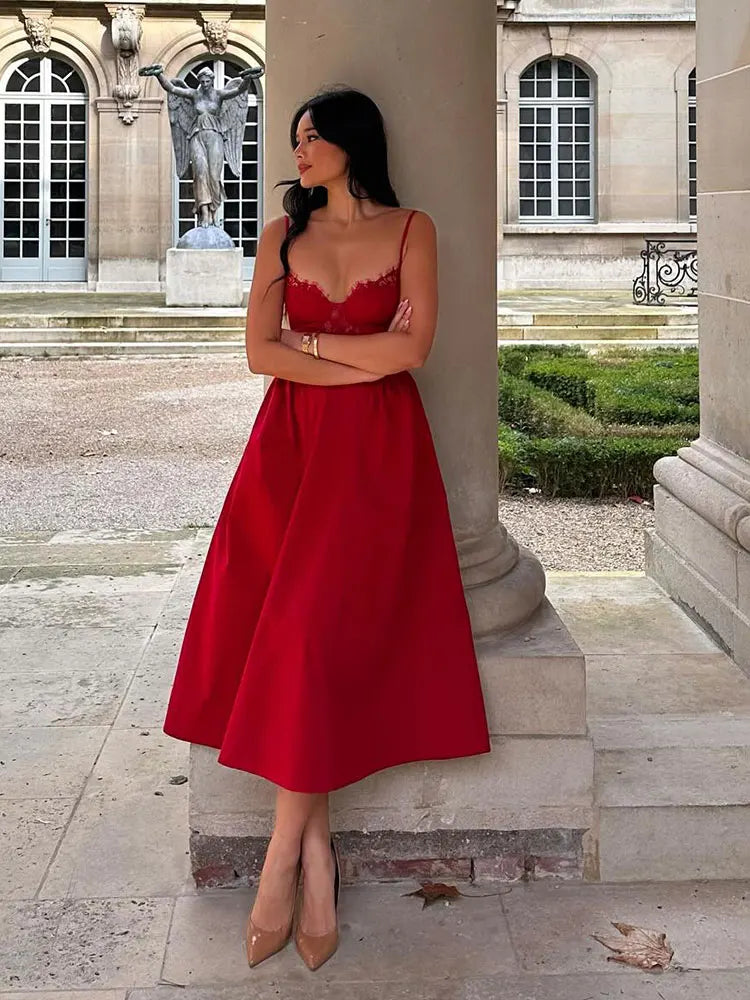 Vestido largo de retales de encaje rojo para mujer, Vestidos elegantes calados ajustados con corte en A para banquete, Vestidos de noche de fiesta a la moda para mujer