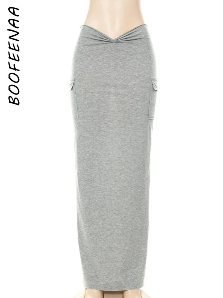 BOOFEENAA Sexy V Coupe Taille Haute Poches Jupes Longues Femmes Vêtements 2023 Mode Décontracté Gris Stretch Maxi Jupe Crayon C85-CZ20