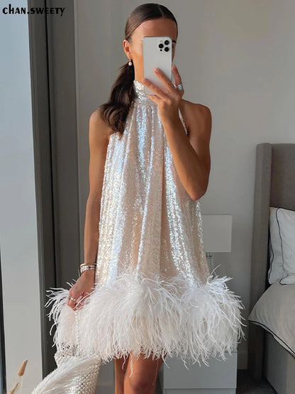 Vestido con lentejuelas y cuello colgante para mujer, minivestido sin mangas a la moda, dobladillo brillante, Vestidos de noche ajustados con temperamento