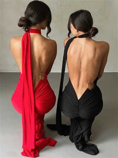 Kliou Elegant Concise Maxi Dresses Women Fashion Solid Lengthen Straped Backless Ruched Bodycon Evening Party Female Attirewear