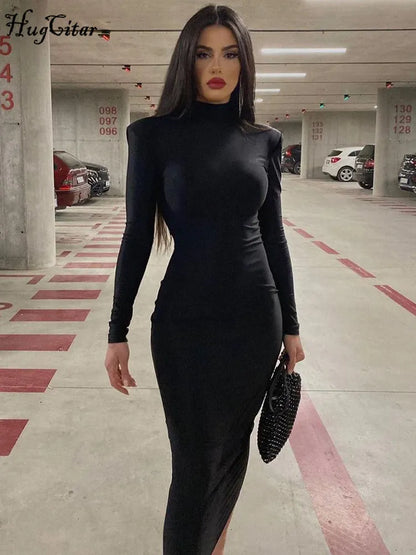 Hugcitar Women Fashion Turtleneck Long Sleeves Black Sexy Bodycon Maxi Prom Dress 2022 Fall Casual Streetwear Halloween Costumes