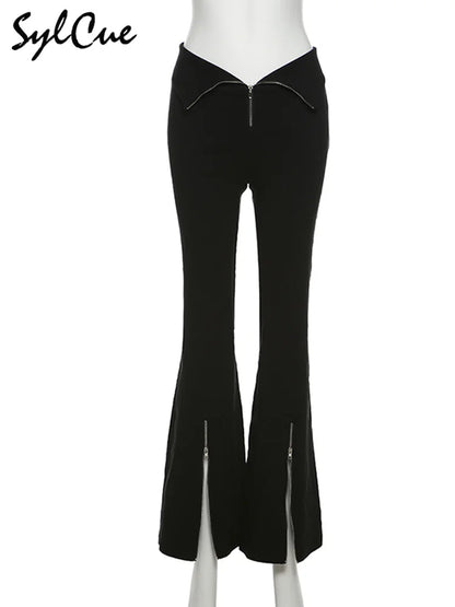 Sylcue Black Slim Stretch Versatile Commuter Classic High Waist Simple Split Young Women's Zipper Flared Trousers Girl Casual