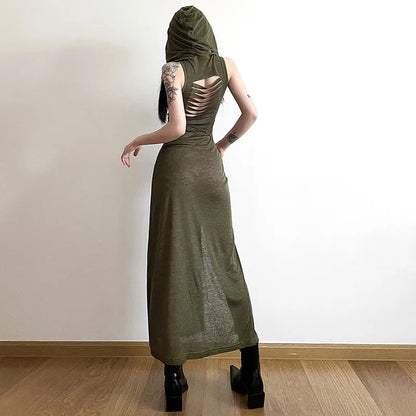 Vestido gótico oscuro cibergótico Desert Walker con capucha Y2k Punk Grunge, vestido por debajo de la rodilla con abertura para mujer, ropa de calle firme con lado abierto Sexy