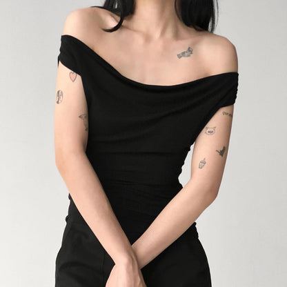 CUTENOVA Asymmetric Crop Top Women Ruched Off The Shoulder Top Female Sleeveless Sexy Tops Woman Fashion Streetwear Summer Tops