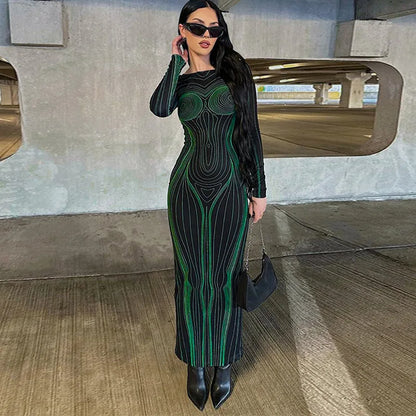 Hugcitar Striped Print Long Sleeve See Through Sexy Bodycon Maxi Dress 2023 Winter Women Y2K Evening Party Festival Clothes