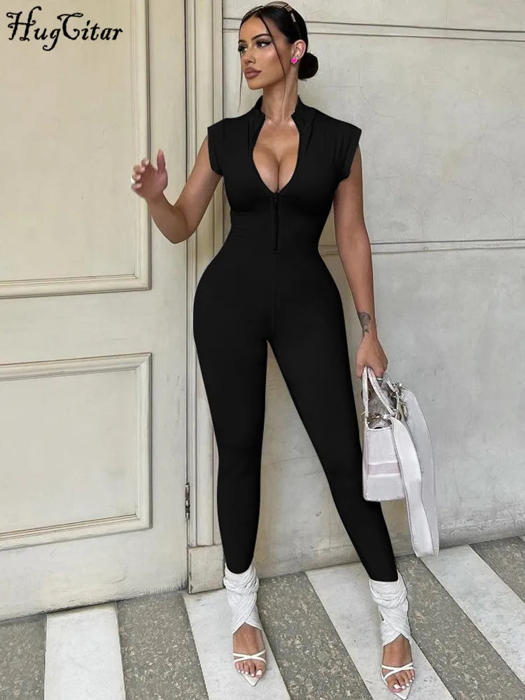 Hugcitar Women Fashion Sleeveless Zipper Neck Sexy Bodycon One Piece Jumpsuit 2023 Summer Streetwear Party Gym Romper Overalls