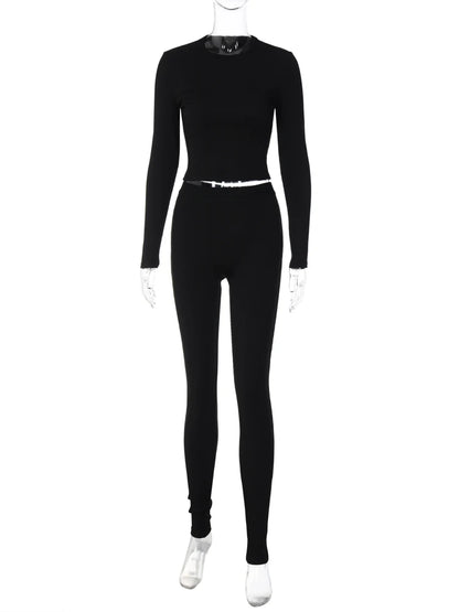 Hugcitar Consice Long Sleeve Solid Crop Top Pants 2 Pcs Matching Sets 2023 Fall Winter Women New Streetwear Sport Y2K Tracksuit