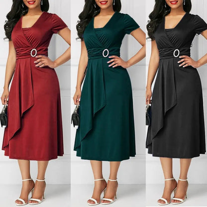 Robe de soirée mi-longue pour femmes, élégante, couleur unie, manches courtes, col en V, ourlet asymétrique, taille serrée, dames