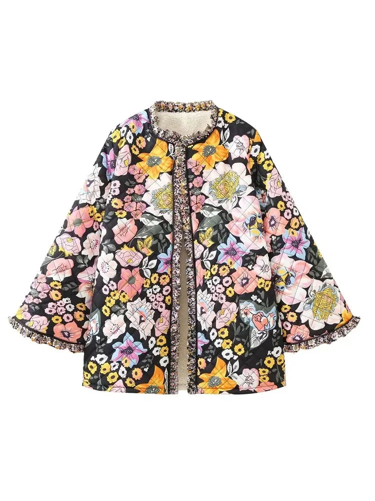 TRAF Flower Winter Coat for Women Quilted Jacket Parkas Woman Autumn Winter Printed Vintage Jacket Tweed Warm New in Outerwear