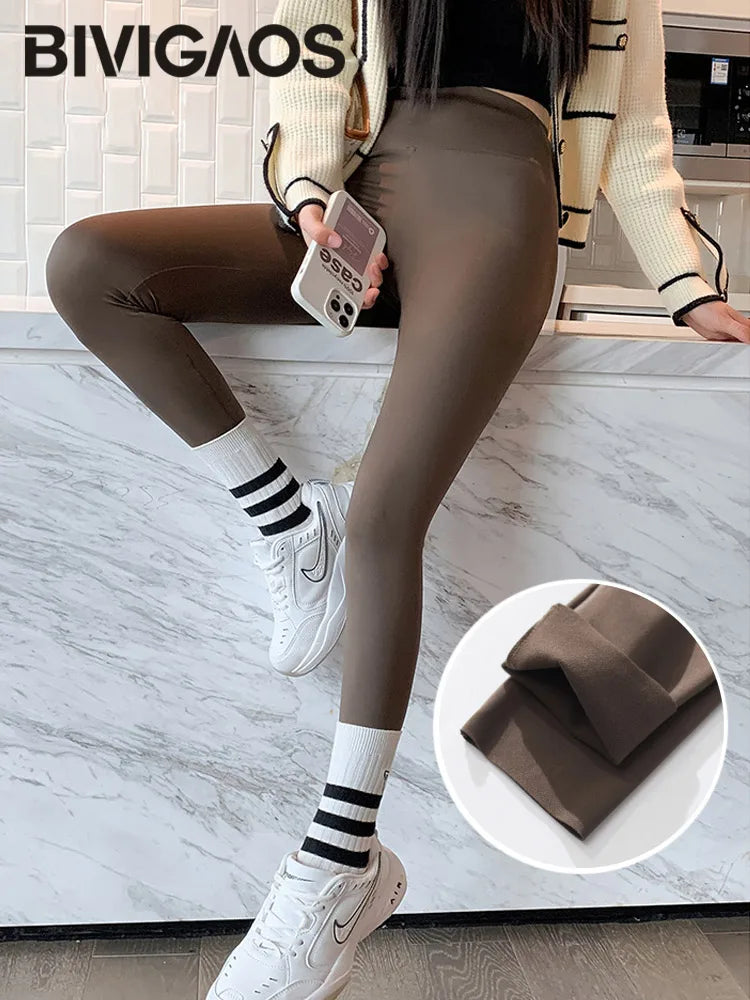 BIVIGAOS Otoño Invierno cepillado tiburón Leggings pantalones mujeres sin costuras sensación desnuda cintura alta Slim Legging deportes Fitness Leggings