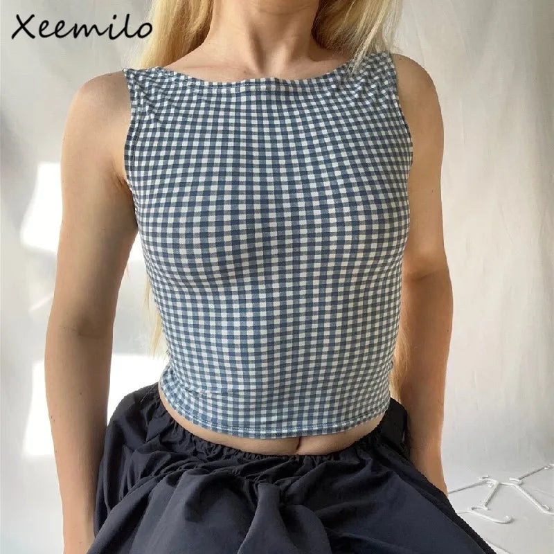 Xeemilo-Camiseta sin mangas con lazo y espalda descubierta para mujer, ropa de calle informal, Tops cortos con estampado a cuadros, Tops cortos sin mangas, corsés ajustados de moda de verano 2023