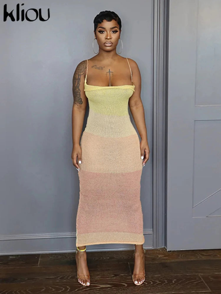 Kliou Knitted Colorful Patchwork Maxi Dress Women Spaghetti Strap Hipster Bandage Cleavage Body-shaping Robe Lady Trend Vestido