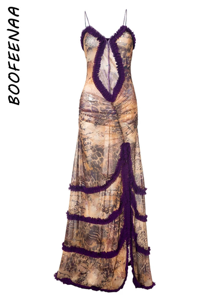 BOOFEENAA Robe longue fendue dos nu à volants pour femme Y2k Années 2000 Robe longue imprimée esthétique Tenue de soirée sexy C85-II41