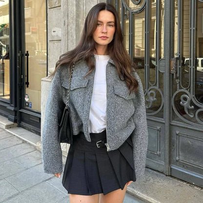 TRAF veste courte pour femmes CoatsTweed veste manteau court automne hiver Zip culture Demi-saison veste femme nouveau dans les vêtements d'extérieur