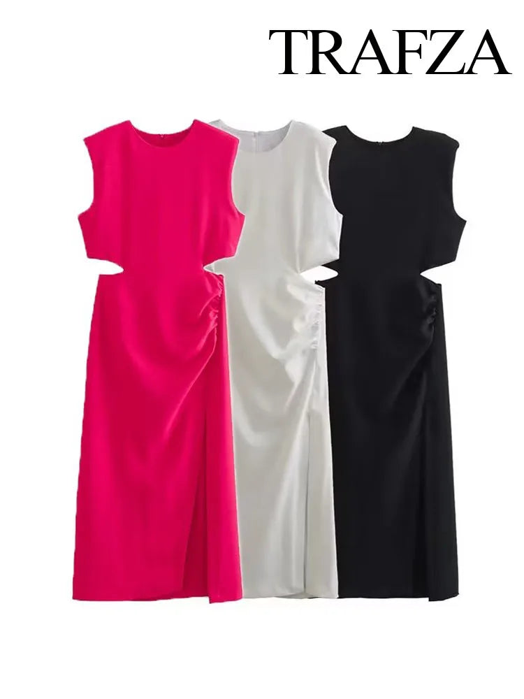 TRAFZA, nuevo vestido rojo rosa recortado para mujer, vestidos largos fruncidos de verano para mujer, vestidos de fiesta por debajo de la rodilla sin mangas, vestido de noche elegante