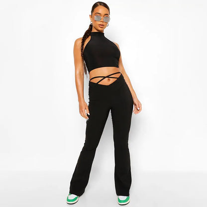 CUTENOVA Y2k pantalon évasé E fille Style Sexy pantalon extensible femmes à lacets taille V taille basse Harajuku pantalon noir