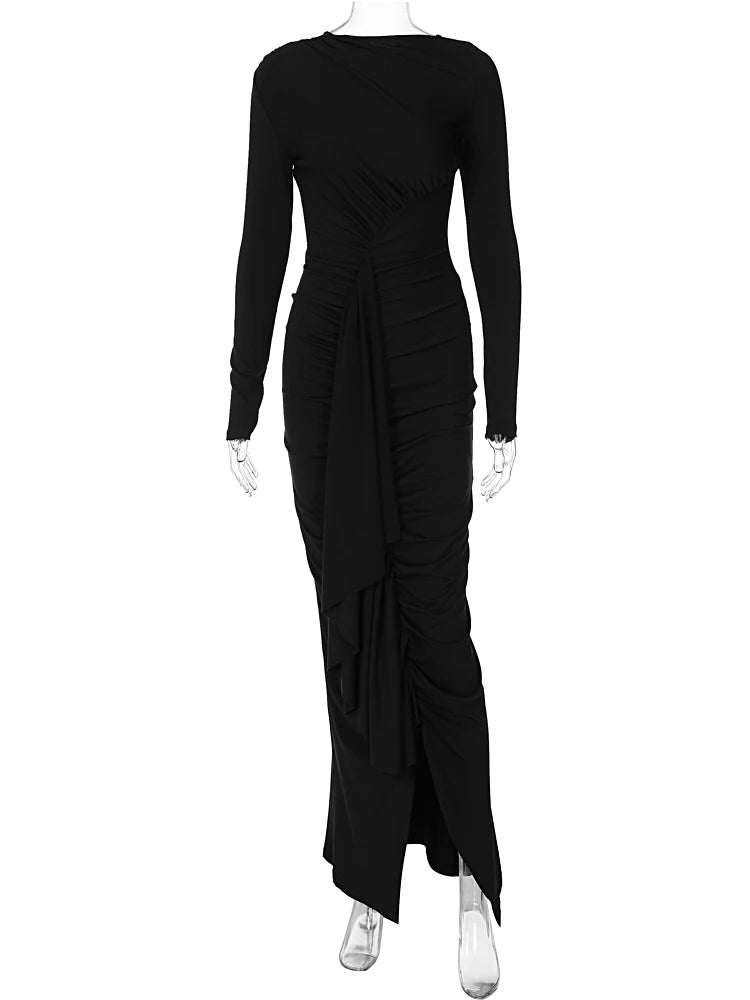 Hugcitar Women Elegant Black Long Sleeve Ruched Patchwork Slit Sexy Maxi Prom Dress Slim Fall Winter Outfit Party Vacation Y2K