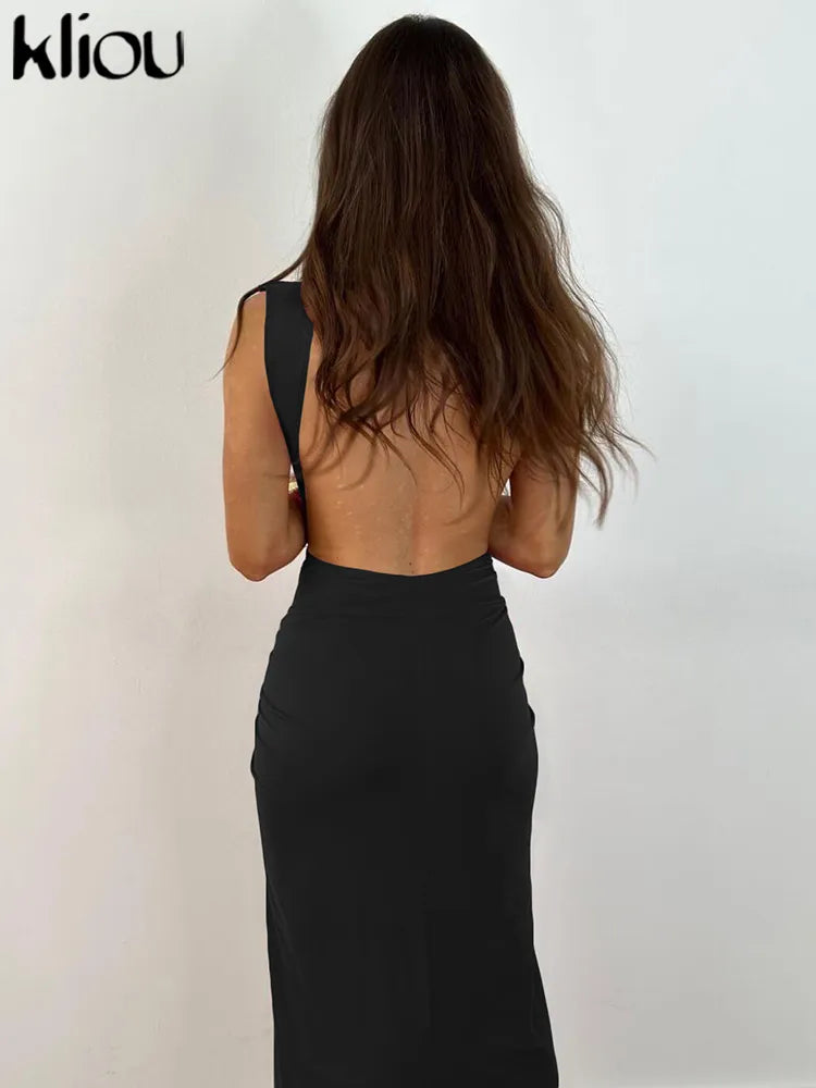 Kliou Elegant Evening Style Maxi Dress Women Hipster Sexy Deep V-neck Backless Side Split Sleeveless Robe Female Party Clubwear