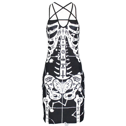 Nuevo vestido sexy con estampado de huesos y calaveras con tirantes cruzados