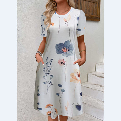 Printed Pocket Round Neck Short Sleeve Dress Women