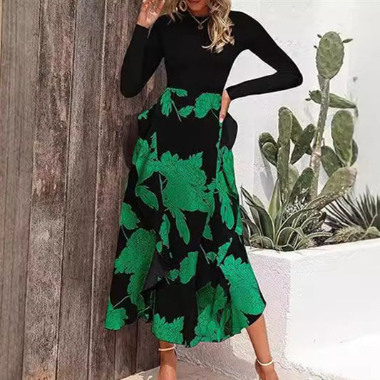 Vestido ajustado con volantes y estampado de patchwork para mujer