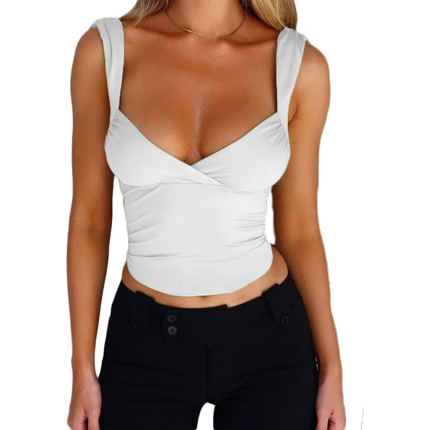 Camiseta sin espalda con cuello en V y tirantes a la moda para mujer