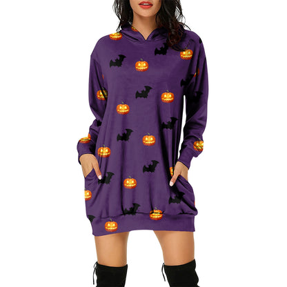 Halloween Theme Women's Pullover Hooded Sweater Dress