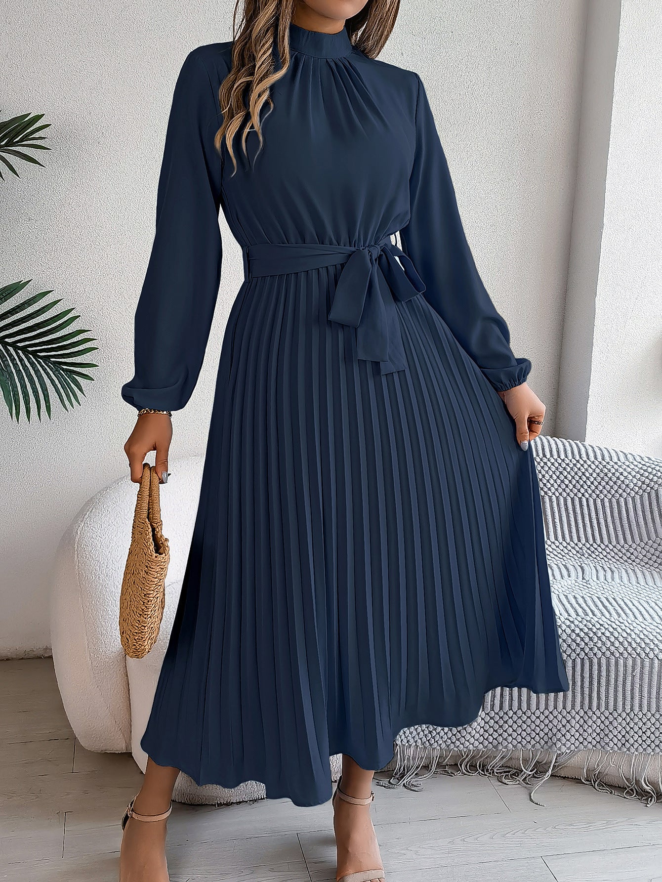 Elegant Stand Collar Long Sleeve Cinched Pleated Dress