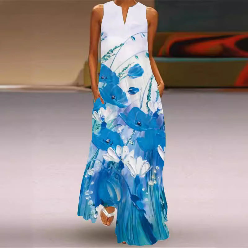 Spring And Summer Fashion Printed Pocket Long Dress