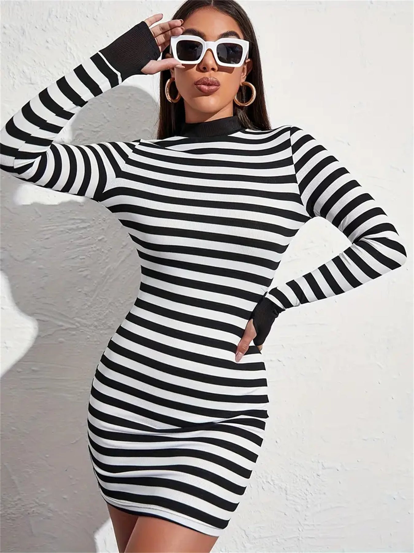 Striped Slim Long Sleeve Dress, Elegant Mock Neck Mini Dress For Summer & Spring, Women's Clothing