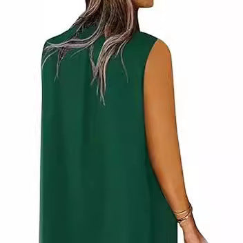 Sleeveless Elegant V-neck Loose Solid Color Dress Women