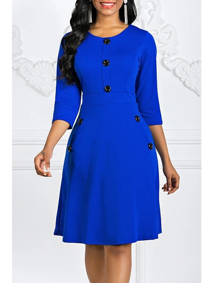 Robe de couleur unie pour femmes européennes et américaines automne et hiver col rond manches 34 bouton taille serrée