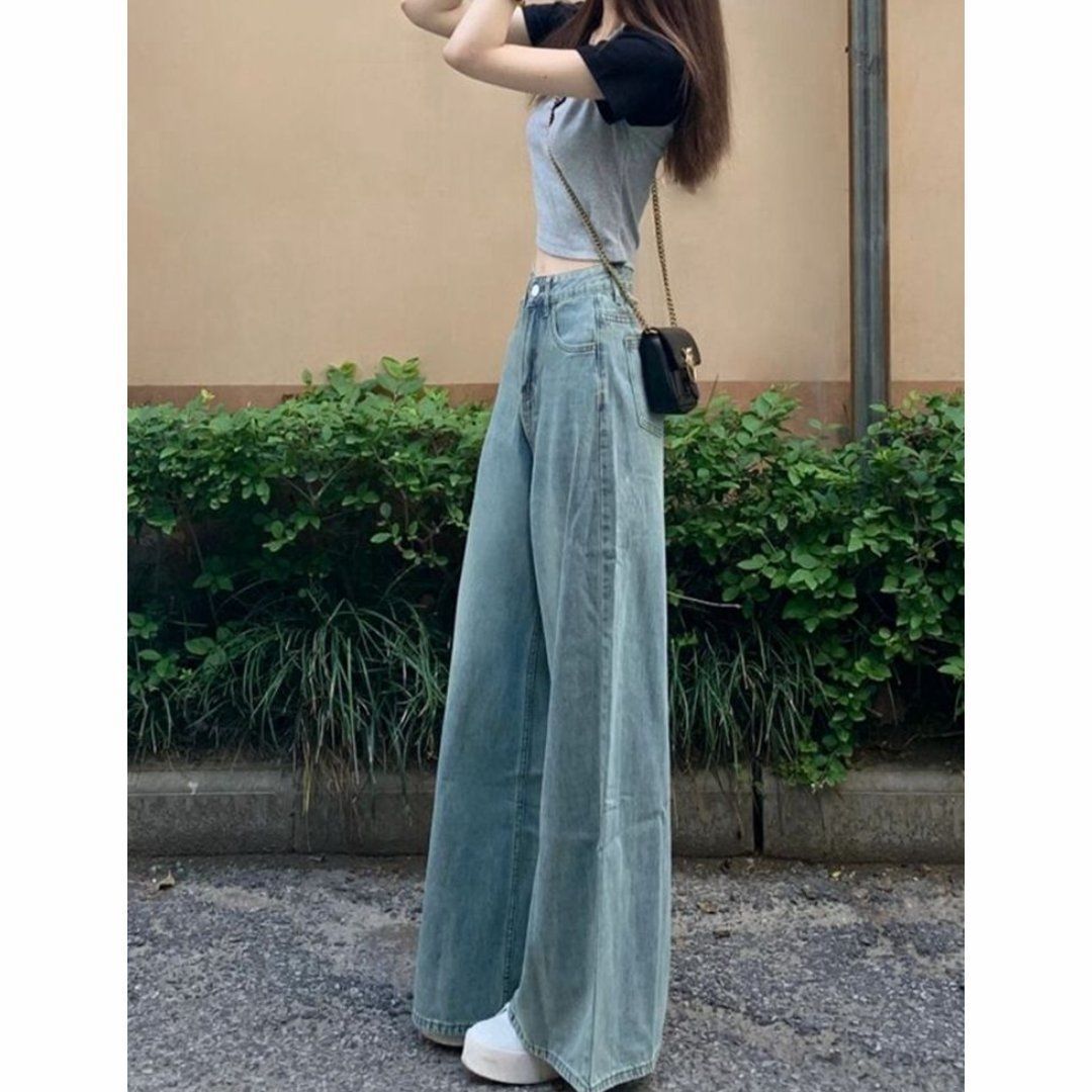 Washed-out Vintage Wide Leg Jeans High Waist Slimming