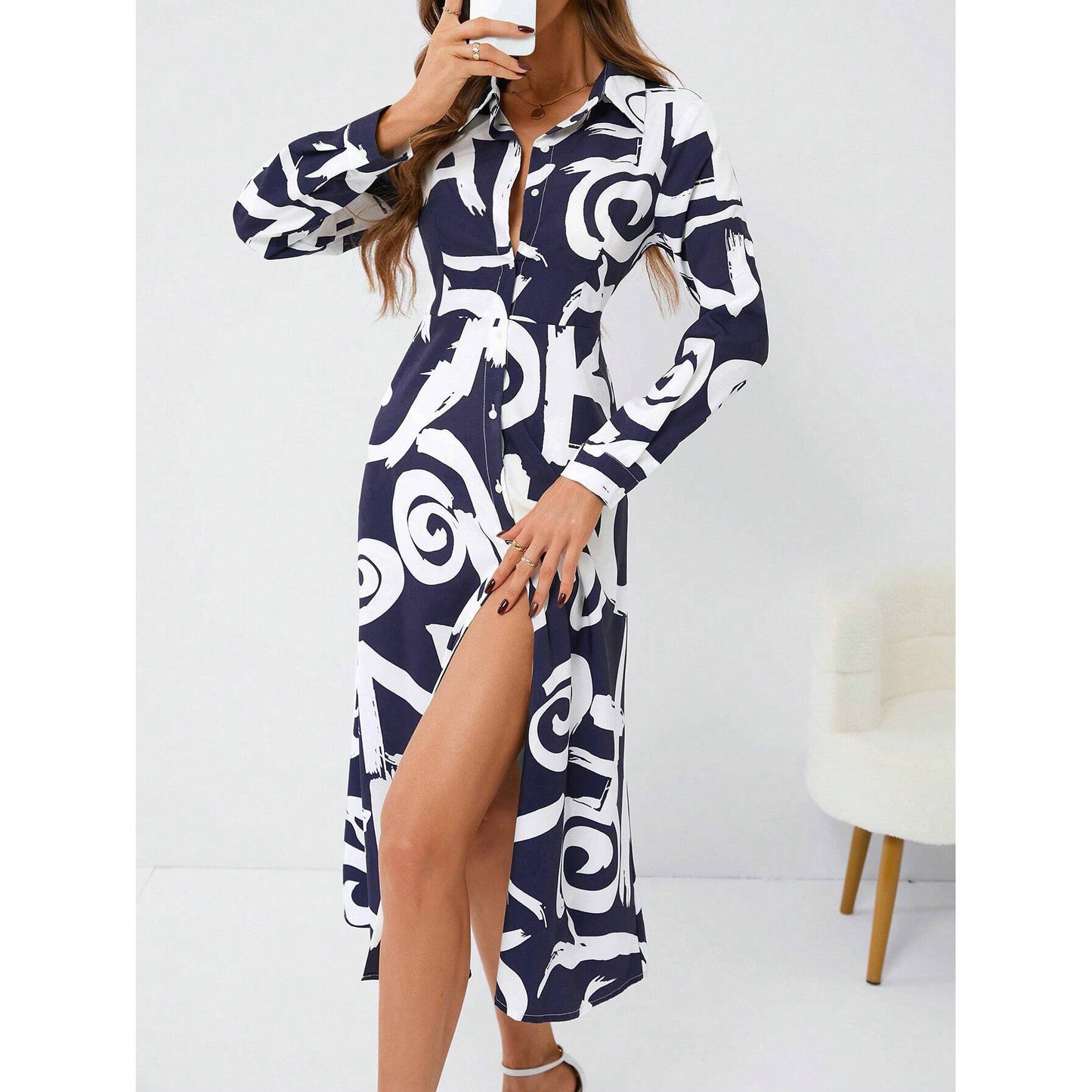 High Side Slit Floral Print Long Sleeve Dress