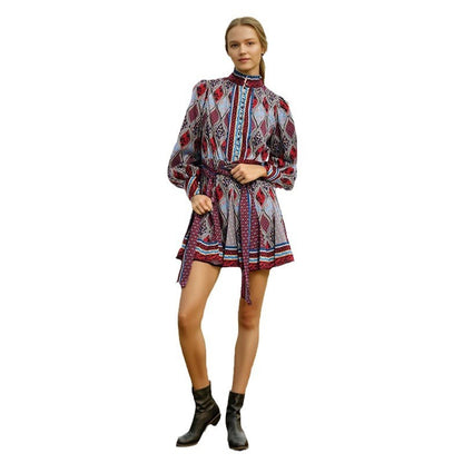 Niche style bohème automne nouveau col montant manches bouffantes jupe à lacets à la taille avec robe de couleur contrastée pour femmes