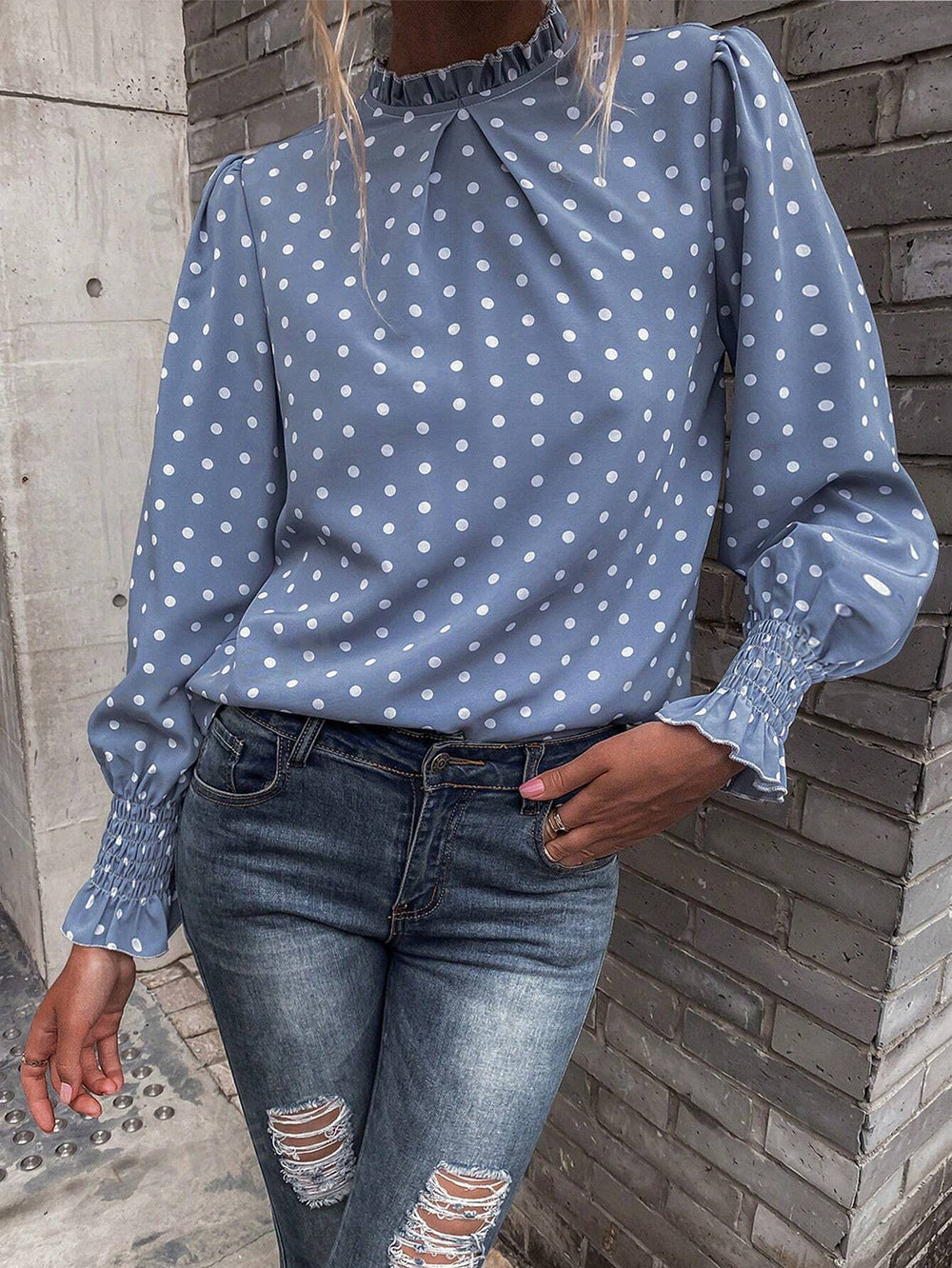 Chemise élégante à manches bouffantes et imprimé pois pour femme