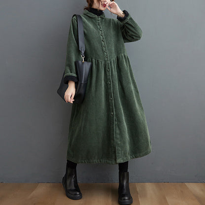 Autumn And Winter Fleece-lined Long Sleeve Retro Artistic Loose Corduroy Casual Coat For Women