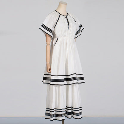 French Style Summer Tail Round-neck Flared Sleeves Lace-up Waist Solid Color Stripes Patchwork Long Dress Dress Women