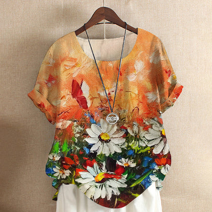 Short-sleeved T-shirt Flower And Plant Painting Printed Women's Loose Top