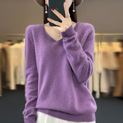 Women's Wool Sweater V-neck Autumn And Winter New Solid Color Loose-fitting Versatile Wool Loose Bottoming Shirt