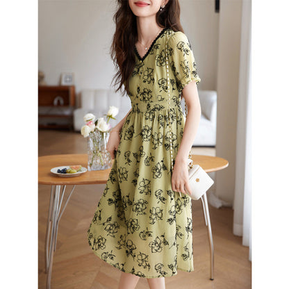 V-neck Patchwork All-match Texture Chiffon Flocking Dress