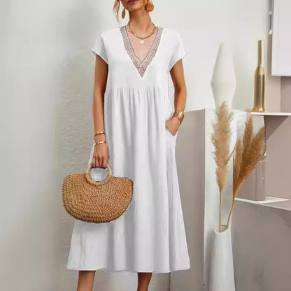 European And American Solid Color Lace V-neck Sleeveless Loose Cotton And Linen Pocket Dress