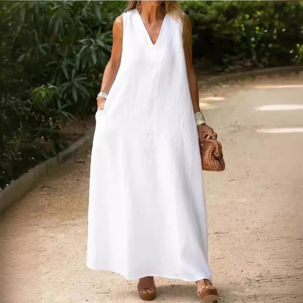 Plus Size White Cotton Linen Dress