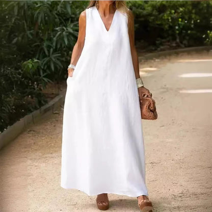 Vestido de lino y algodón blanco de talla grande