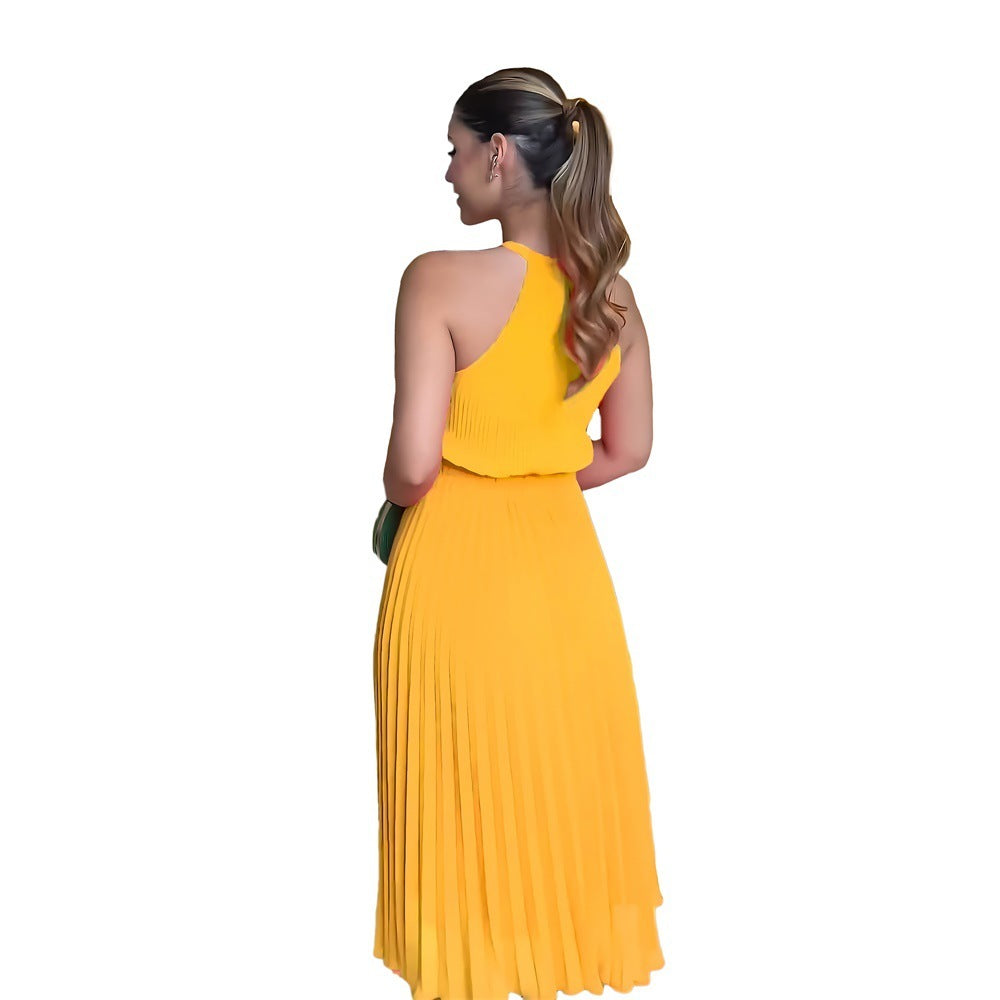 Solid Color Sleeveless Chiffon Elegant Lady Waist Dress