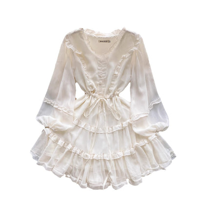 V-neck Lace-up Waist-tight Slimming Youthful-looking Puff Sleeve Dress