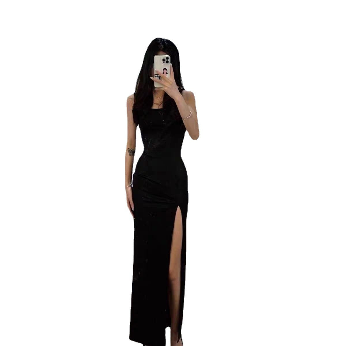 Vestido negro con abertura en la cadera para mujer adulta con sentido del diseño, estilo puro deseo para chica joven y caliente