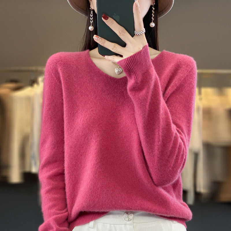 Women's Wool Sweater V-neck Autumn And Winter New Solid Color Loose-fitting Versatile Wool Loose Bottoming Shirt