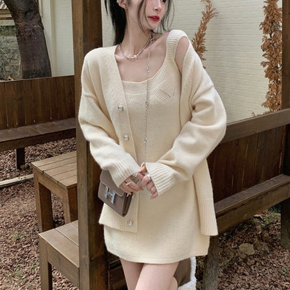 All-match Sweater With Suspenders Dress Knit Two-piece Suit